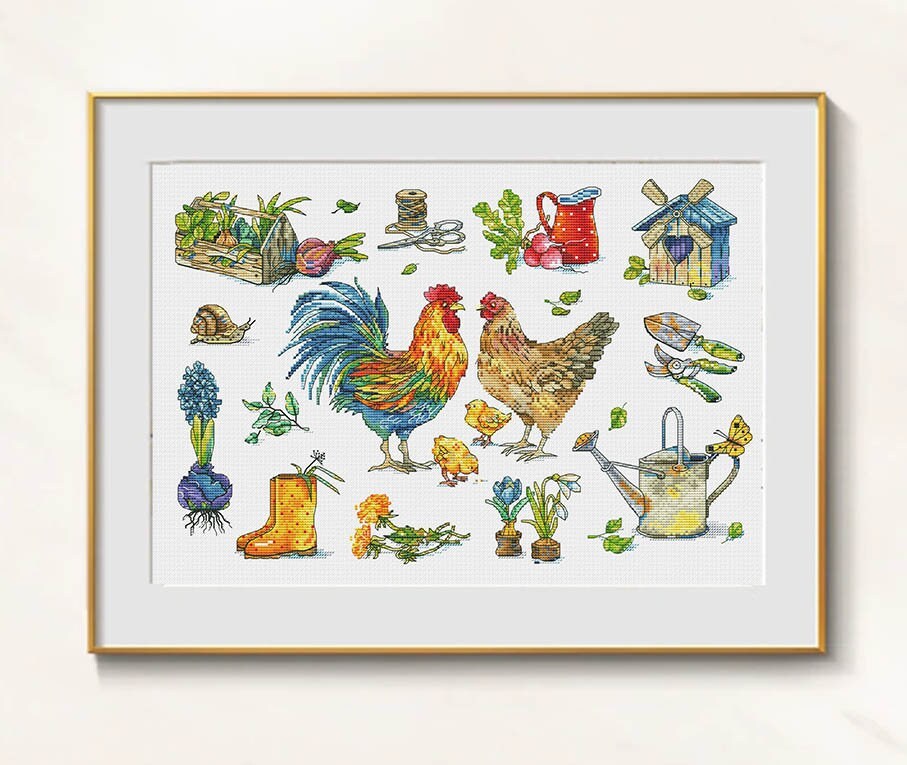 Farm cross stitch spring pattern pdf Cottagecore cross stitch rooster em... - $20.89
