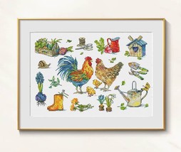 Farm cross stitch spring pattern pdf Cottagecore cross stitch rooster embroidery - £16.35 GBP