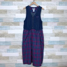 Jantzen VTG 90s Denim Plaid Pinafore Smock Maxi Dress Blue Purple Womens Small - $74.24