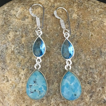 925 Sterling Silver Pear Larimar &amp; Blue Topaz Earrings BES-1052 Women Gift Her - £17.08 GBP