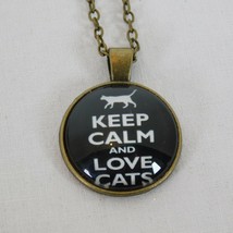 Keep Calm and Love Cats Kitten Bronze Tone Cabochon Pendant Chain Necklace Round - £2.38 GBP