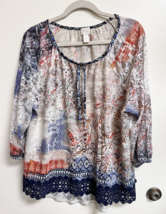 Chico's Women's SZ 3 XL Fun Fall Colored Top Blouse w Lace Work Blue Rust - $18.32