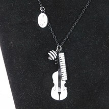 Music Themed Black &amp; White Necklace Violin Cello Viola Keyboard Treble Clef 15&quot; - £11.67 GBP