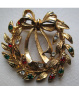 &quot;Eisenberg&quot; Ice Christmas Tree Round Wreath Brooch Pin Gold Color UNSIGNED - £11.74 GBP