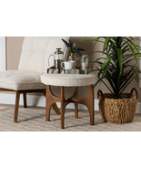 Porsha Japandi Cream Boucle Fabric and Walnut Brown Ottoman Footstool - $1,914.38 MXN