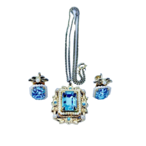 Coro Demi-Parue Necklace &amp; Screw Back Earrings Set Faux Pearls Blue Topaz - £61.23 GBP