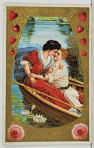 Victorian Couple Embracing In Row Boat Golden Border Red Hearts Postcard P18 - £4.73 GBP