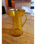 Vintage Yellow Crackle Glass Pitcher Vase Applied Handle 5in - $19.77