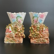 Pair Vintage Staffordshire Mill House in Woods Landscape Spill Vase Gold Accents - £114.21 GBP