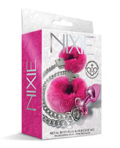 Nixie Metal Butt Plug w/Inlaid Jewel &amp; Fur Cuff Set - Pink Metallic - $28.62