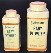Lot of Two (2) Vintage Johnson&#39;s Baby Powder Tin Can Bottles 4 1/8 Oz &amp; 1 3/4 Oz - £12.34 GBP