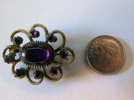 Antique Victorian Brooch Purple Oval Glass Cabs Rhinestones Swirls C Catch Oldy - £20.09 GBP