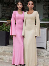 Solid Ribbed Trumpet Sleeves Maxi Dress - $50.95