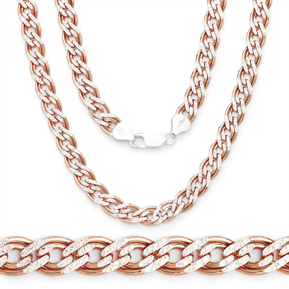 2-Tone 925 Silver 14K RG Plated Double Curb Cuban Link Italian Chain 5mm Thick - £70.85 GBP