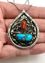 Vintage Navajo Handmade Sterling Silver Turquoise Coral Pendant Necklace - £95.91 GBP