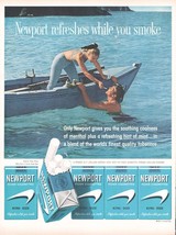 1961 Newport Cigarettes Vintage Print Ad Blue Wooden Boat Snorkeling Ocean 10x13 - $10.97