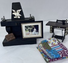 Vintage Doll House Sewing Machine Fireplace Quilt Picture in Frame - $13.99