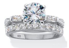 Round Baguette Cz Bridal 2 Ring Set Platinum Sterling Silver 6 7 8 9 10 - £162.38 GBP