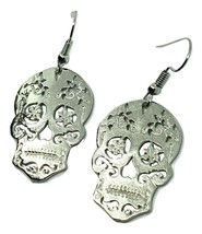 Skull Earrings Mexican Sugar Candy Hook Day of the Dead Large Silver Tone - £4.08 GBP