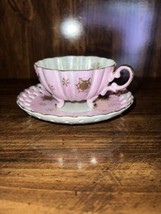Vintage Pink Lefton Footed Teacup Set Luster Interior Gold Gilded Saucer - £35.38 GBP