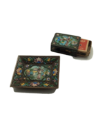 Enamel Matching Smoking Set - Repousse Metal Ash Tray &amp; Matchbox Holder - $98.00