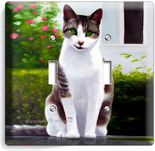 Green Eyes Smile Cat Kitten Kitty Double Light Switch Wall Plate Cover Room Art - £9.51 GBP