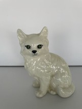 Vtg White Ceramic Cat Sitting Figure Green Eyes Statue  1977 MCM Granny Chic - £10.44 GBP