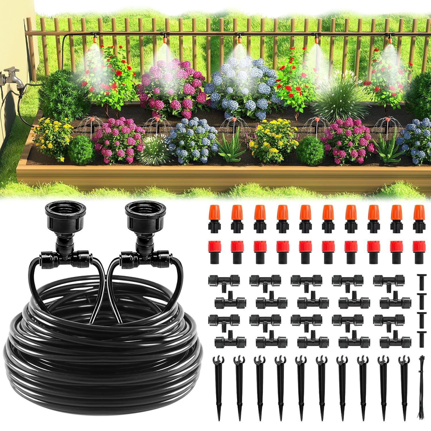 Mixc Drip Irrigation System, 50 Ft Quick Connector Garden, Misting Nozzles - $36.99