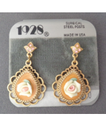 Vintage 1928 Earrings Teardrop Porcelain Rose Enamel Dangle Stud New on ... - £15.78 GBP