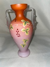 Victorian Pink Peach Satin Glass Vase With Thorn Handles Hand Painted - £171.32 GBP