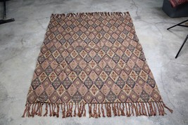 Vtg Pier 1 Beaded Boho Tapestry Table Scarf Throw Blanket Fringe Diamond 49x57 - £42.52 GBP