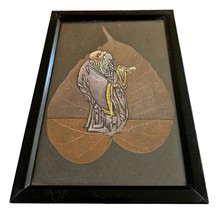 Framed Painted Monk on Peepal Pipal Bodhi Leaf Folk Art Asian india Pain... - £11.19 GBP