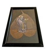 Framed Painted Monk on Peepal Pipal Bodhi Leaf Folk Art Asian india Painting
