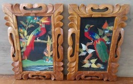 Vintage Mexican Folk Art Feathercraft Feather Bird Carved Wood Frame 6x9 - $60.48