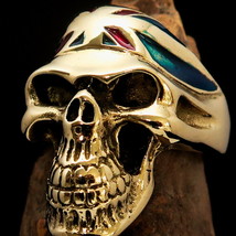 Mirror polished Mens Brass Biker Ring Union Jack Bandana Skull - $26.60