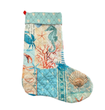 Christmas Stocking Quilted Coastal Beach  Ocean Nautical Seahorse Shells - $26.68