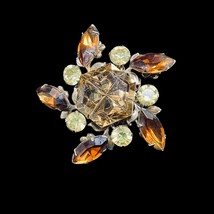 Vintage Gold Tone, Brown And Yellow Rhinestone Floral Brooch (5188) - £11.97 GBP