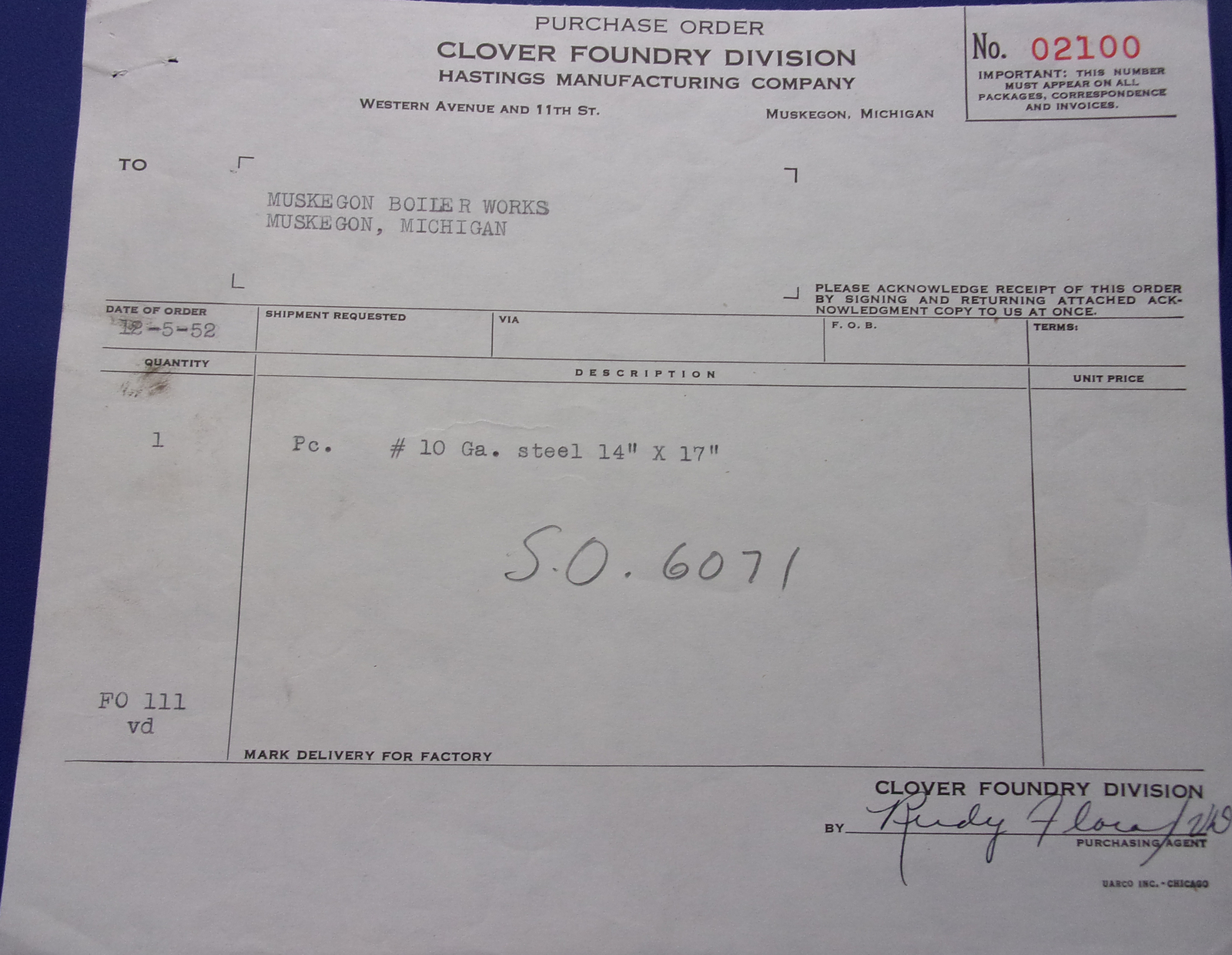 Vintage Clover Foundry Division Hastings Manufacturing Co MI Purchase Or... - $2.99