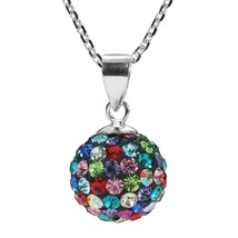 Retro Colorful Crystal Studded Black Disco Ball Sterling Silver Necklace - £14.94 GBP