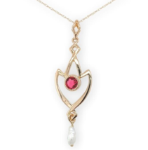 10k Gold Lavaliere with Pearl Drop and Red Glass Accent with 14k Chain (... - $445.34 CAD