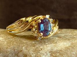14K Yellow Gold Diamond Accent Ring 3.67g Fine Jewelry Sz 6.5 Band Blue Stone - £239.72 GBP