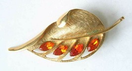 Mid Century Modern Orange Rhinestone Gold-tone Leaf Brooch 1960s vint. 2 3/4&quot; - $14.20