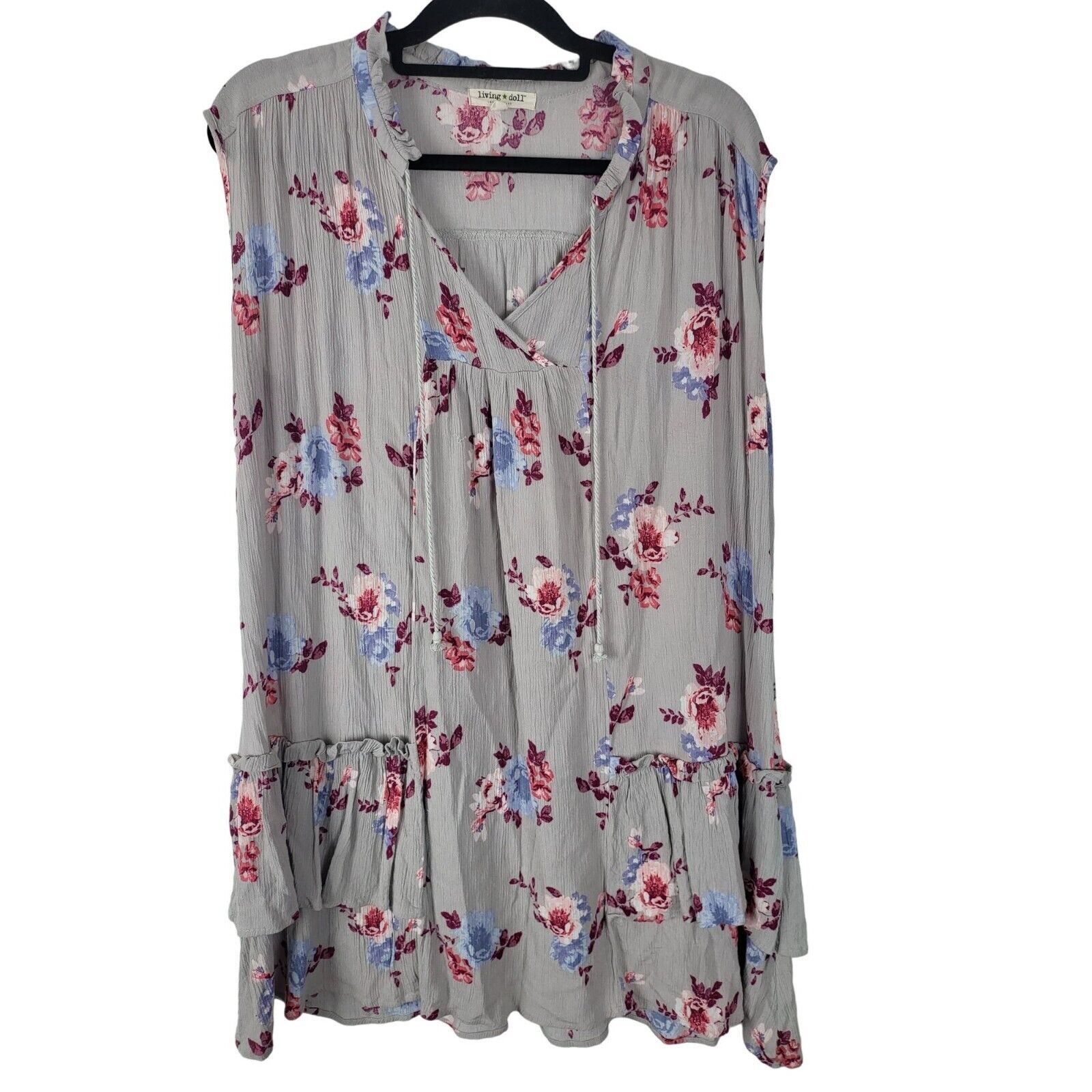 Primary image for Living Doll Tank Dress 1X Womens Plus Size Grey Floral VNeck Pullover Sleeveless