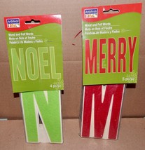 Christmas Wood &amp; Felt Words Signs 9pc Total Nole &amp; Merry Red &amp; Green 9&quot; x4&quot; 175J - £7.46 GBP