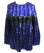 VTG 80s Disco Sweater Blue Black Sequin Chevron Tunic XL NWT Scallop Hem - $89.05