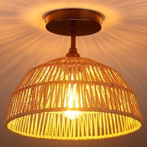 Rattan Ceiling Light Fixture Vintage Flush Mount Woven Retro Rope Rustic Kitchen - £49.46 GBP