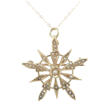 Victorian 14k Yellow Gold Starburst Brooch Pin with Seed Pearls and Chain #J6737 - $741.51