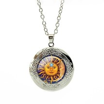 Sun Moon Cabochon LOCKET Pendant Silver Chain Necklace USA Ship #88 - £12.02 GBP