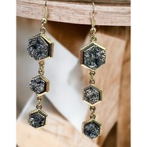 Vintage Dangle Earrings Gold Tone Druzy Style 3 Tier Hexagon - £11.91 GBP