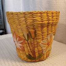 Rare Rafia Embroidered Flowers Planter Lined Basket Boho Vtg 7.75&quot;tx5.5&quot;w - £22.36 GBP